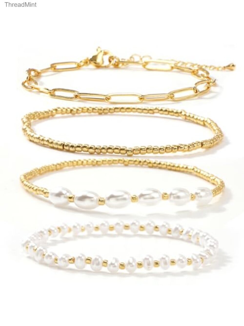 Gold Plated Pearl Beaded Cross Bracelet Stack Set Stretch Boho